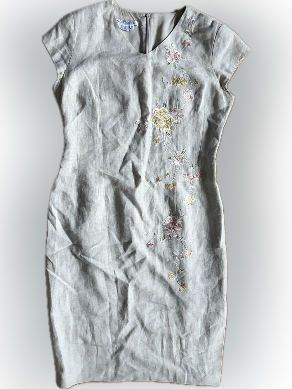 Maggy London Vintage Oatmeal Colored Linen Midi Dress with Floral Embroidery